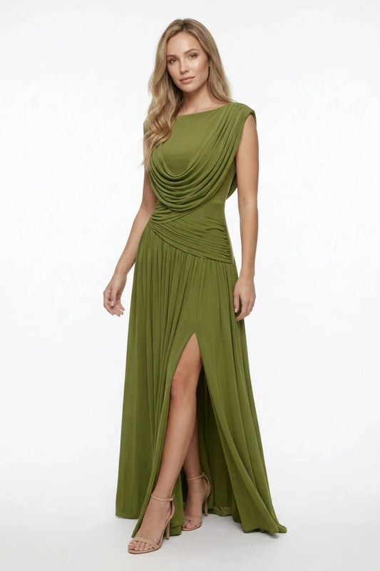 Pleated Slit Evening Dress