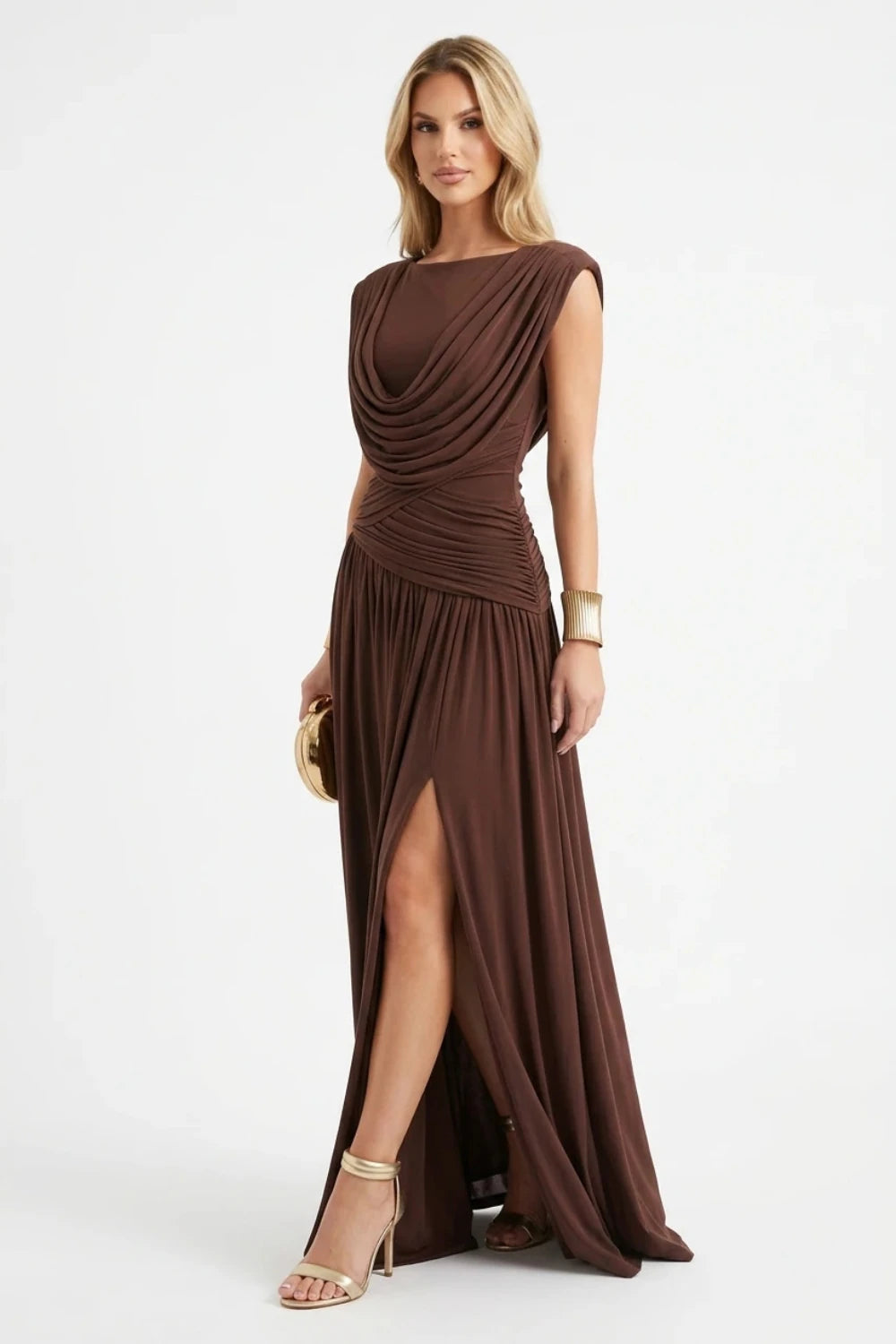Pleated Slit Evening Dress