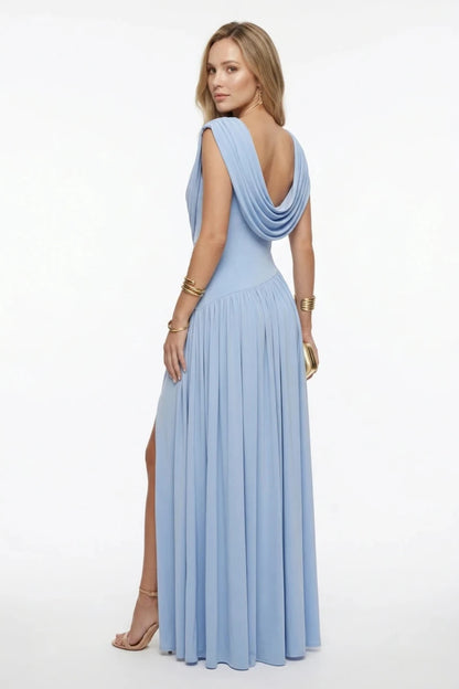 Pleated Slit Evening Dress